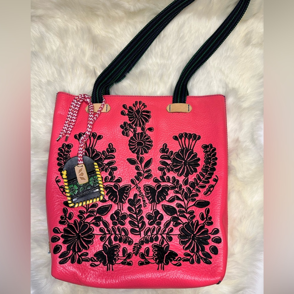Stylish Hot Pink Floral Tote Bag with Black Embroidery - Picture 11 of 11